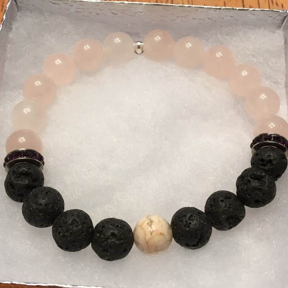 PeaceFrog Jewelry - Pink Rose Quartz Black Lava Rock Howlite Bracelet